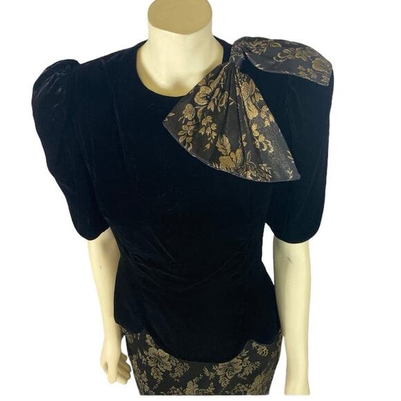 Vintage 80s Scott McClintock Black Velvet Gold Floral Open Back Dress size 10 - Picture 4 of 16